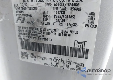 2003 Ford F-150 Xl/Xlt from USA, damaged, VIN 1FTRF17243KB20184